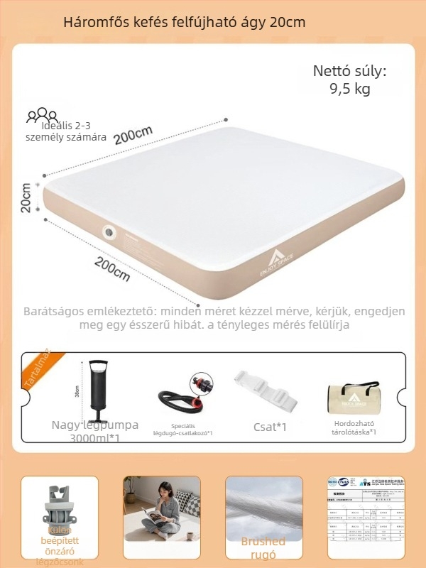 Felfújható kemping matrac, PVC felület, kétszintes kivitel, 3 kg súly, külső elektromos légpumpa