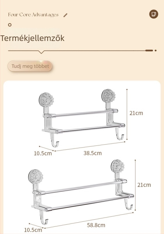 Fürdőszobai törölközőtartó vákuumos rögzítéssel, dupla rúd és kampó, falra szerelhető, anyagok: műanyag és rozsdamentes acél