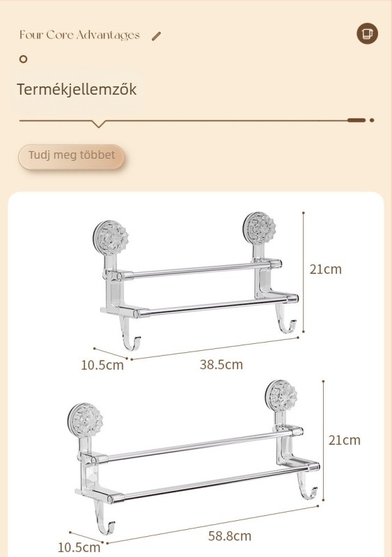 Fürdőszobai törölközőtartó vákuumos rögzítéssel, dupla rúd és kampó, falra szerelhető, anyagok: műanyag és rozsdamentes acél