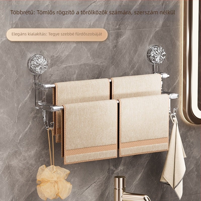 Fürdőszobai törölközőtartó vákuumos rögzítéssel, dupla rúd és kampó, falra szerelhető, anyagok: műanyag és rozsdamentes acél