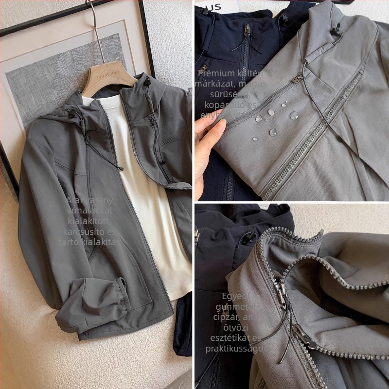 Kapucnis szélálló kabát nylon-spandex anyagból, elöl cipzár, laza szabású