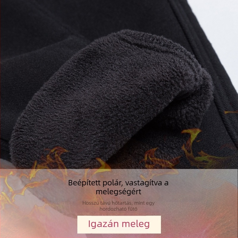 Női fleece-béléses leggings, fekete, magas derekú, meleg, vastag, karcsúsított fazon, tavasz–ősz–téli viseletre