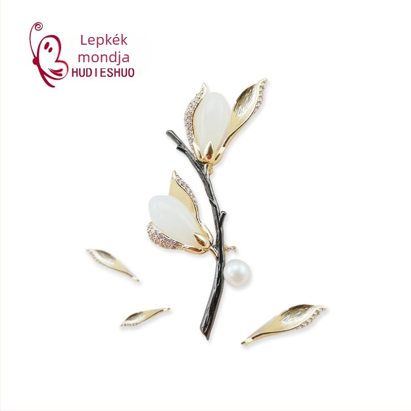 Kitűző - réz, kínai stílus, levélmotívum, beépített jade, Zhongshan eredet