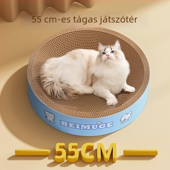 Integrált macska karmázó deszka és ágya, kör alakú hullámosított papírból készült játék, tartós, szálmentes felület, karmák élező felület