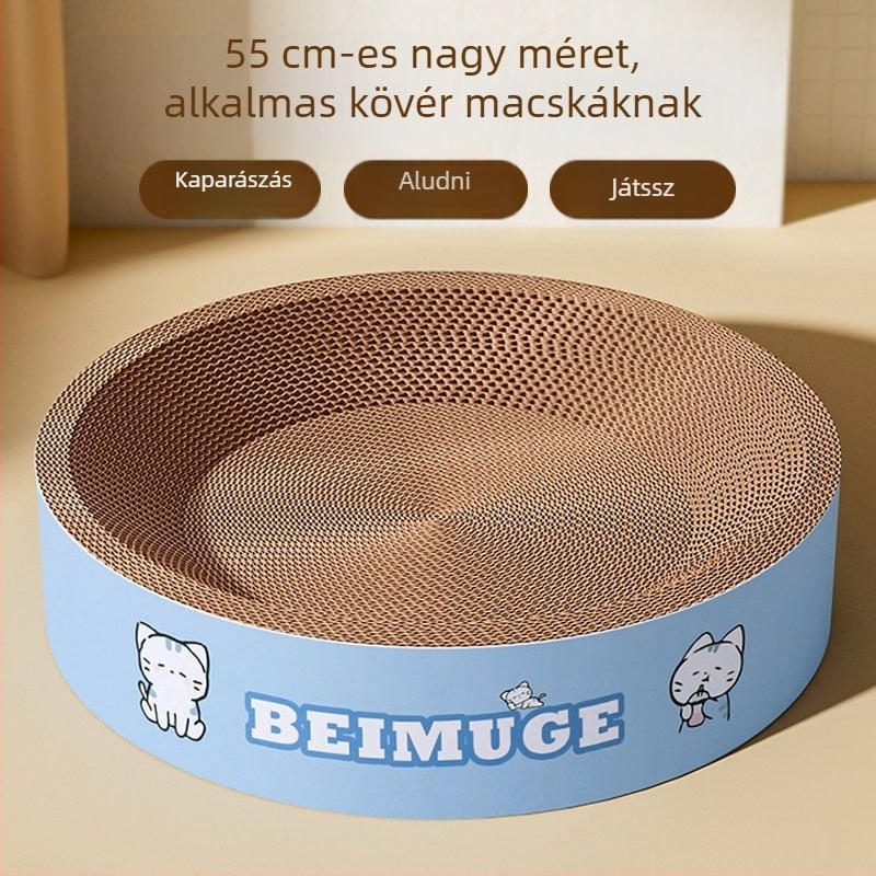 Integrált macska karmázó deszka és ágya, kör alakú hullámosított papírból készült játék, tartós, szálmentes felület, karmák élező felület