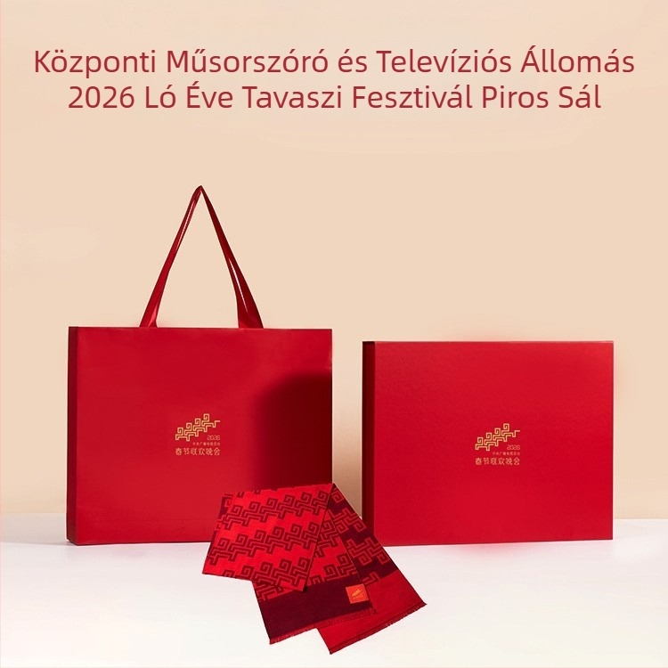Személyre szabott selyemsál – 2026, A ló éve, piros jacquard mintázat