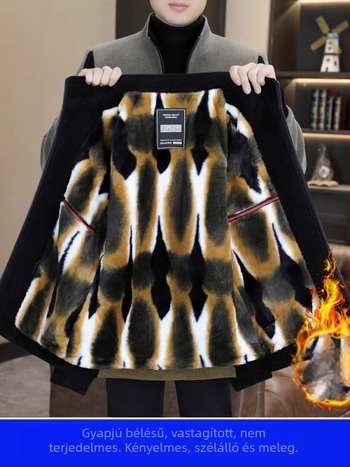 Férfi gyapjú kabát fleece belsővel, álló gallérral, kapucnival, cipzáras lezárás, városi stílus, rövid fazon, őszi-téli szezonra