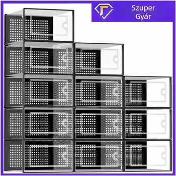 Kettős keretű átlátszó cipősdoboz – összecsukható, PP műanyagból, egymásra rakható, csattanós fedél