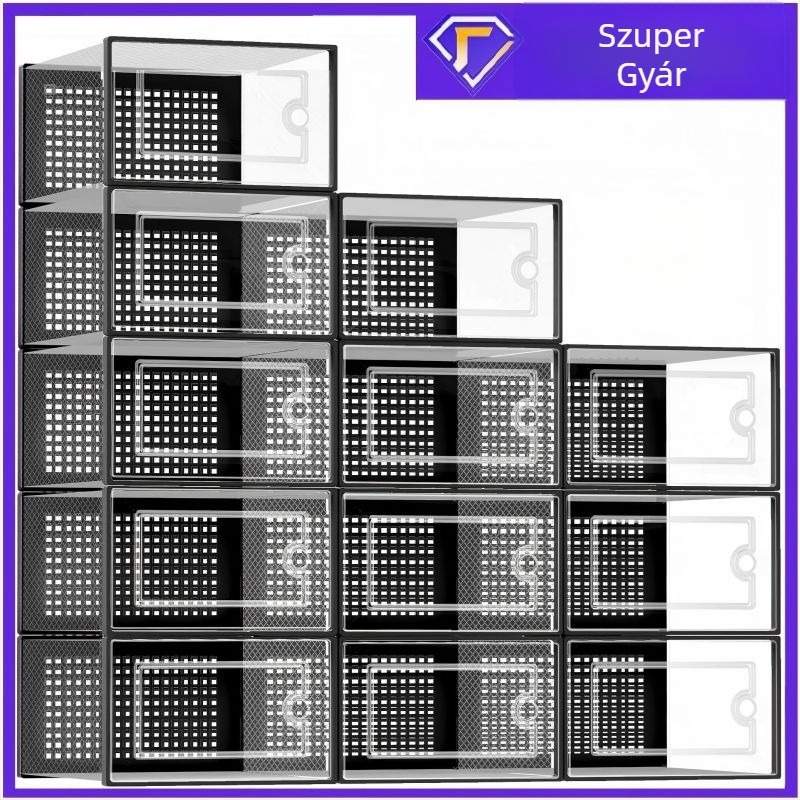 Kettős keretű átlátszó cipősdoboz – összecsukható, PP műanyagból, egymásra rakható, csattanós fedél