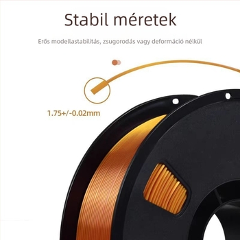 PLA Silk filament 3D nyomtatáshoz selyem textúrával; kompatibilis FDM nyomtatókkal; Anyag: PLA Silk; Nyomtatási pontosság: ±0,02 mm; Tömeg: 1 kg