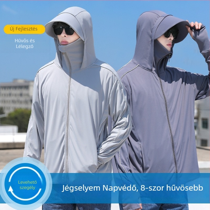 Férfi nyári vékony Ice Silk kapucnis kabát UV 50+ védelem, légáteresztő, cipzár, oldalzsebek