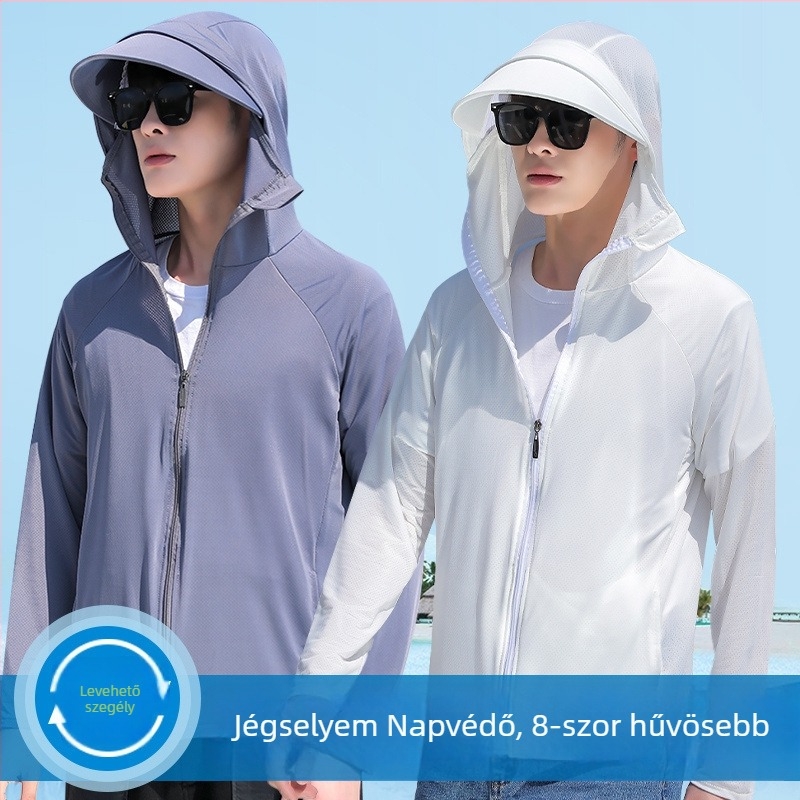 Férfi nyári vékony Ice Silk kapucnis kabát UV 50+ védelem, légáteresztő, cipzár, oldalzsebek