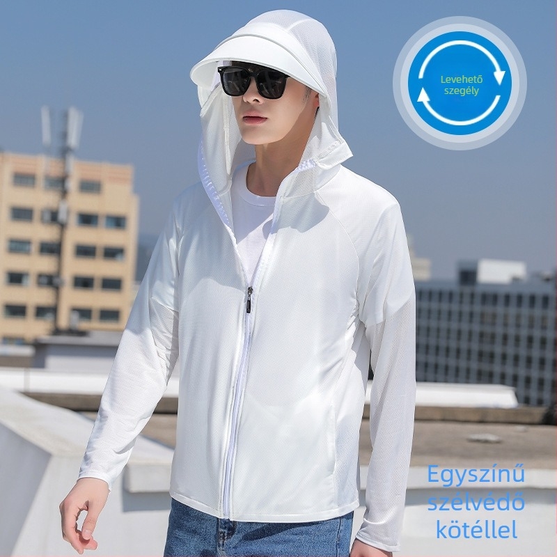 Férfi nyári vékony Ice Silk kapucnis kabát UV 50+ védelem, légáteresztő, cipzár, oldalzsebek
