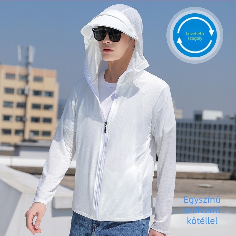 Férfi nyári vékony Ice Silk kapucnis kabát UV 50+ védelem, légáteresztő, cipzár, oldalzsebek