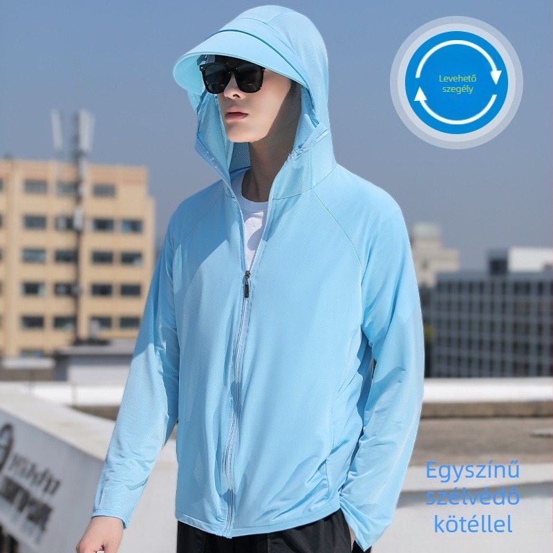 Férfi nyári vékony Ice Silk kapucnis kabát UV 50+ védelem, légáteresztő, cipzár, oldalzsebek