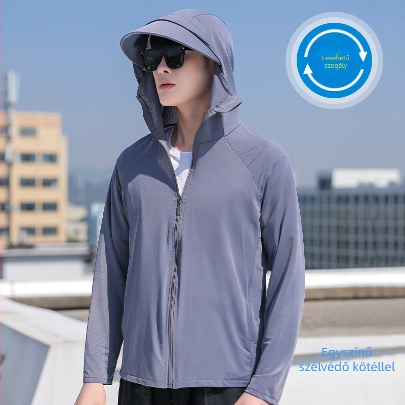 Férfi nyári vékony Ice Silk kapucnis kabát UV 50+ védelem, légáteresztő, cipzár, oldalzsebek