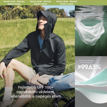 Férfi kapucnis napsugárvédő kabát, könnyű, UPF50+, cipzár, oldalsó zsebek