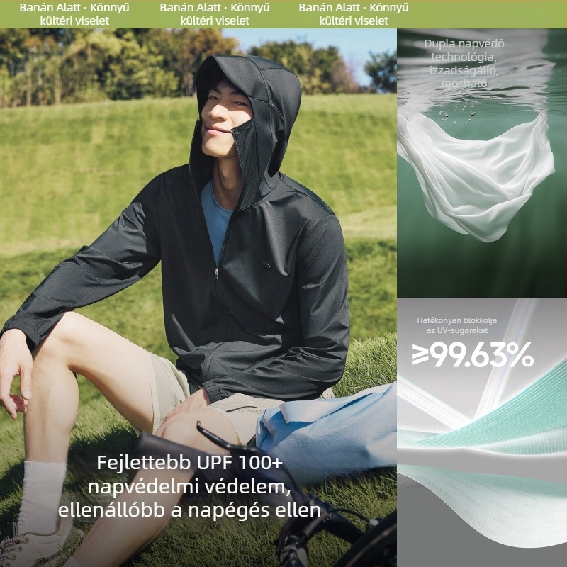 Férfi kapucnis napsugárvédő kabát, könnyű, UPF50+, cipzár, oldalsó zsebek