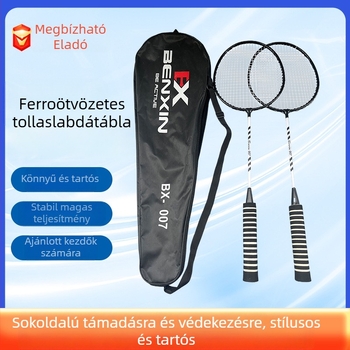 Badmintonütő vasötvözet kerettel, tömeg 75–79 g, habos csúszásmentes markolattal, egyenes fejű dizájn, logónyomtatás elérhető
