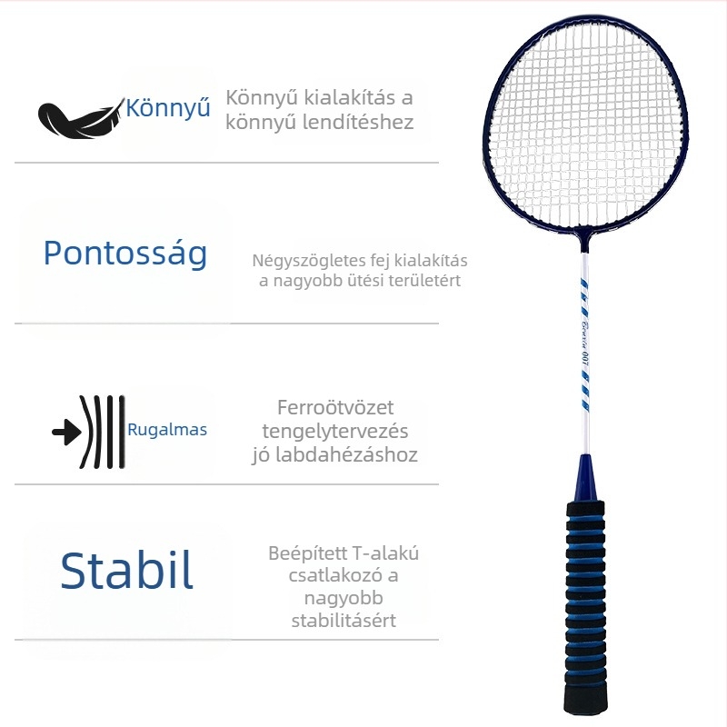 Badmintonütő vasötvözet kerettel, tömeg 75–79 g, habos csúszásmentes markolattal, egyenes fejű dizájn, logónyomtatás elérhető