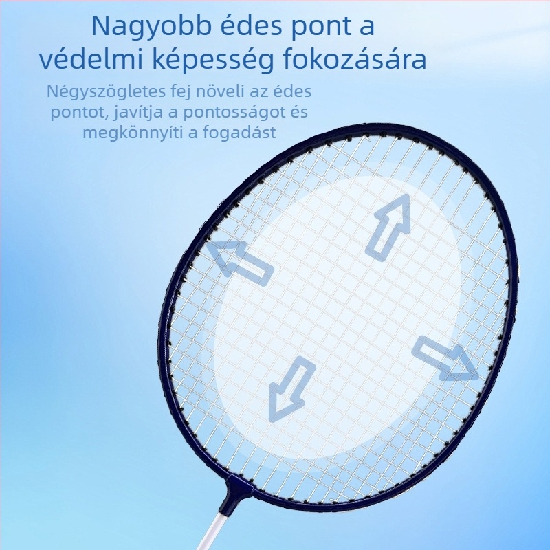 Badmintonütő vasötvözet kerettel, tömeg 75–79 g, habos csúszásmentes markolattal, egyenes fejű dizájn, logónyomtatás elérhető