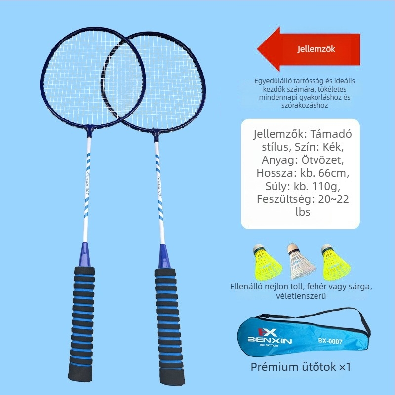 Badmintonütő vasötvözet kerettel, tömeg 75–79 g, habos csúszásmentes markolattal, egyenes fejű dizájn, logónyomtatás elérhető