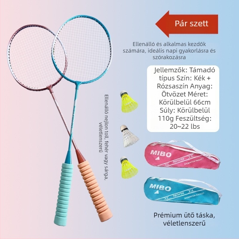 Badmintonütő vasötvözet kerettel, tömeg 75–79 g, habos csúszásmentes markolattal, egyenes fejű dizájn, logónyomtatás elérhető