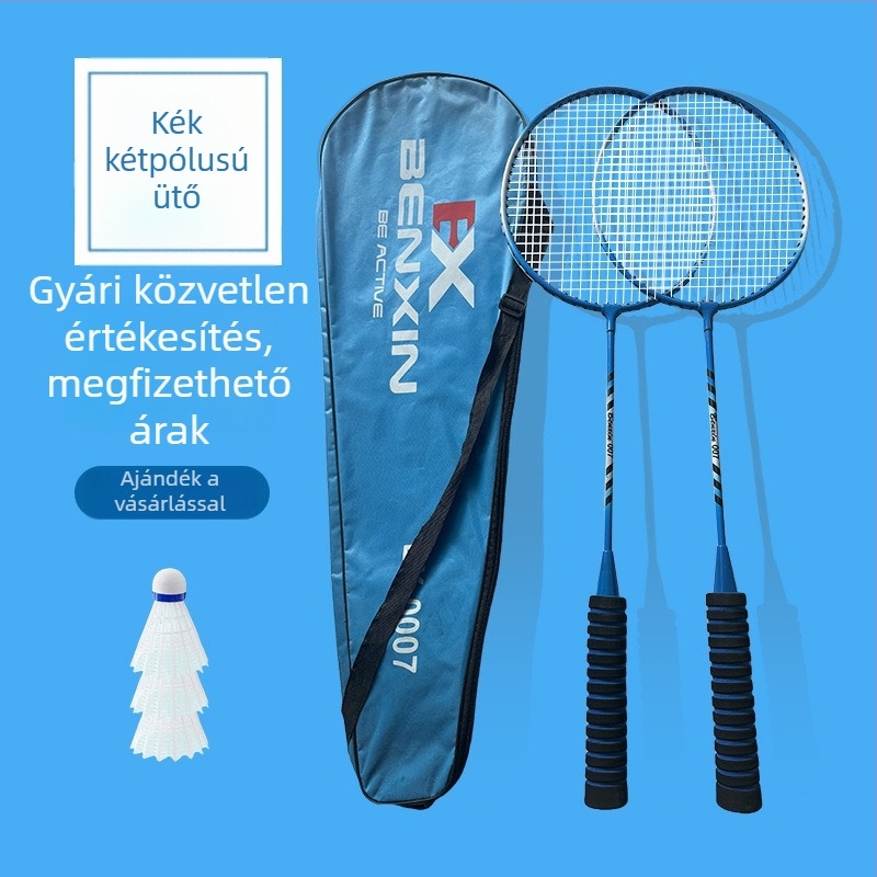 Badmintonütő vasötvözet kerettel, tömeg 75–79 g, habos csúszásmentes markolattal, egyenes fejű dizájn, logónyomtatás elérhető
