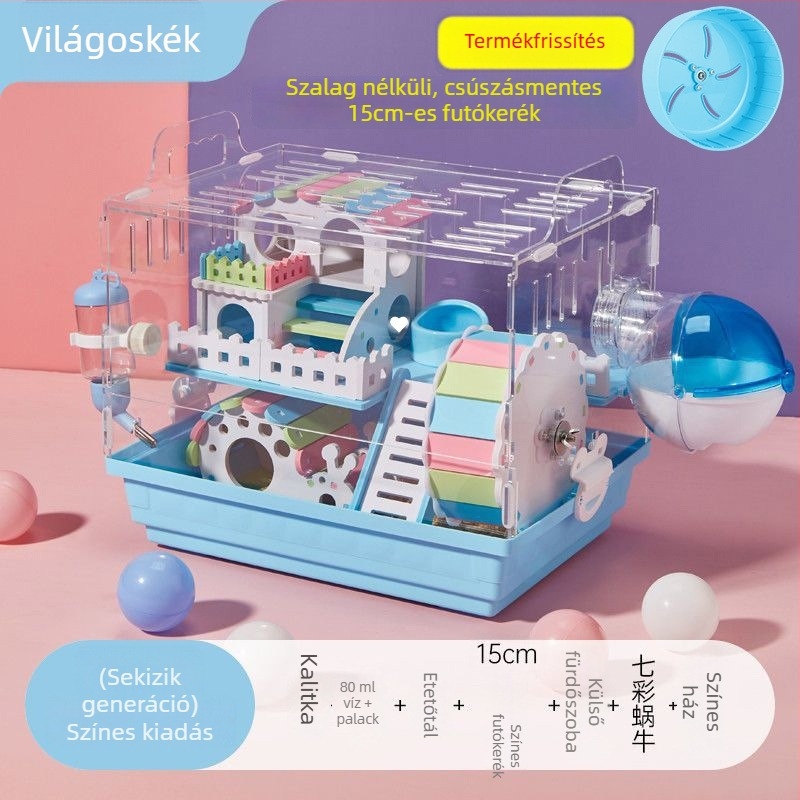Műanyag hörcsögketrec dupla emeletes, téglalap alakú, modern stílus, beltéri és kültéri használatra, pihenés és rejtőzés funkcióval