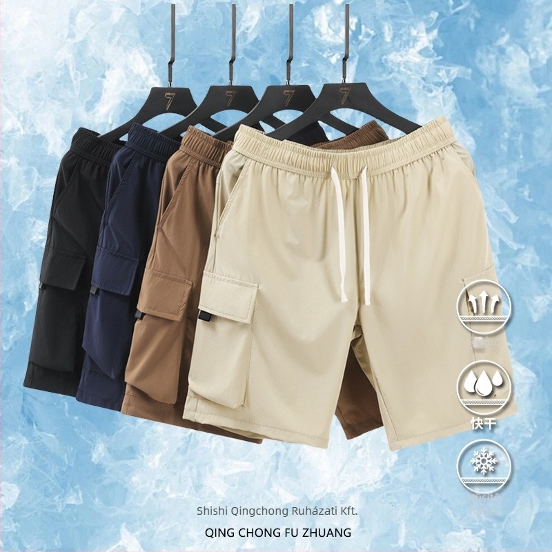 Férfi japán stílusú sportos cargo rövidnadrág, laza fazon, Ice Silk/Nylon anyag, Five-Minute hossz, 2024 nyár