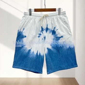 Férfi pamut-len keverékből készült tie-dye rövidnadrág, laza szabású, nyárra, ideális utazáshoz és strandon