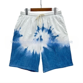 Férfi pamut-len keverékből készült tie-dye rövidnadrág, laza szabású, nyárra, ideális utazáshoz és strandon