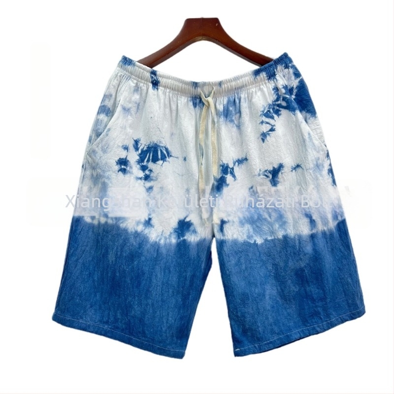 Férfi pamut-len keverékből készült tie-dye rövidnadrág, laza szabású, nyárra, ideális utazáshoz és strandon