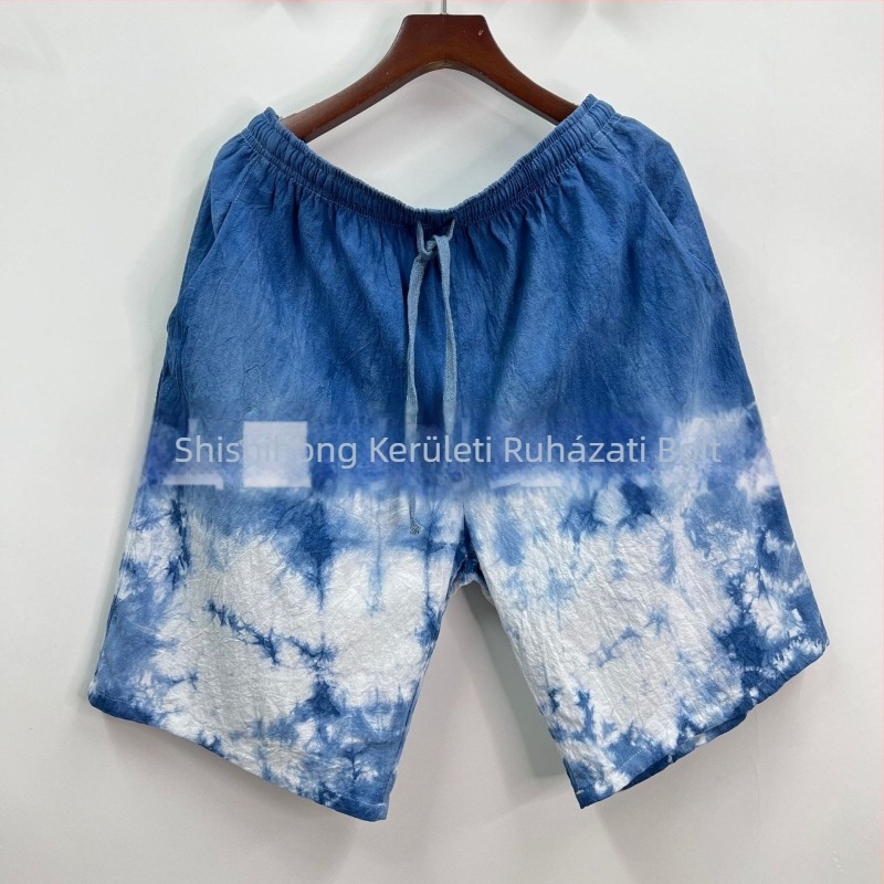 Férfi pamut-len keverékből készült tie-dye rövidnadrág, laza szabású, nyárra, ideális utazáshoz és strandon