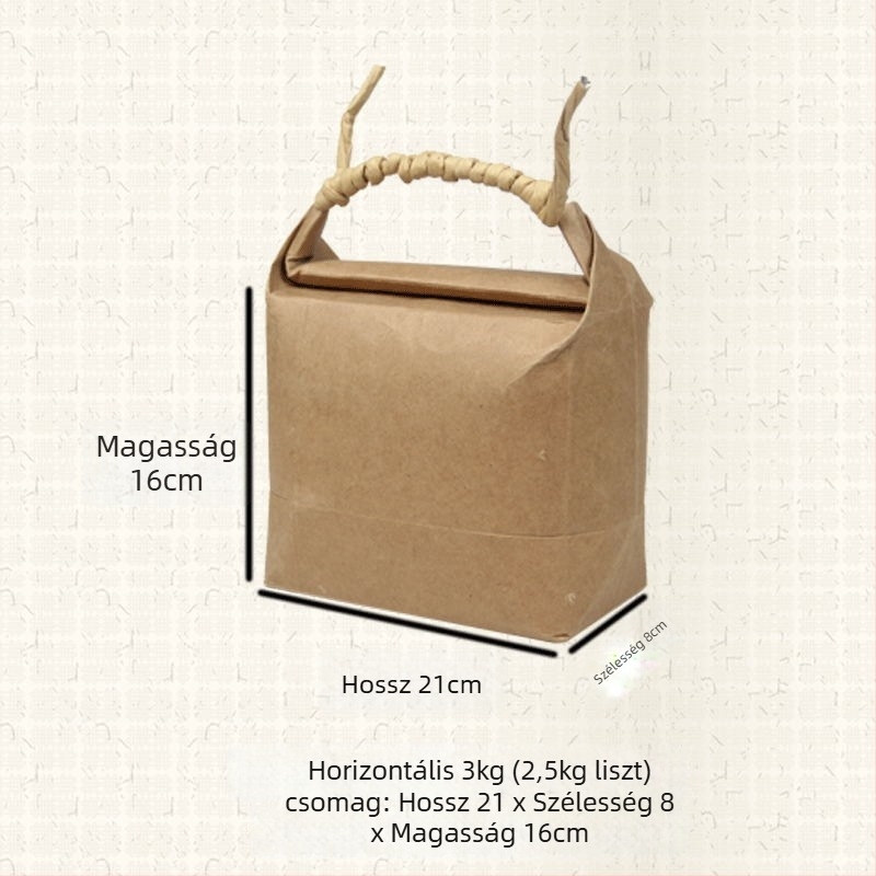Retro kraft papír ajándékzacskó, die-cut és ragasztott kivitelben; specifikáció: rizs zacskó