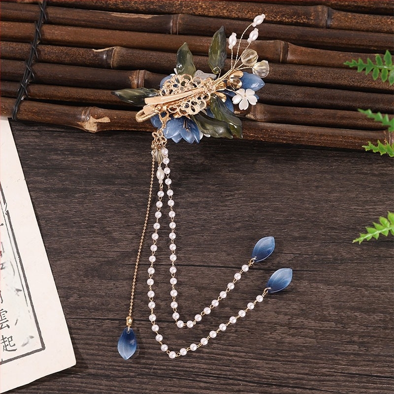 Kék ősi stílusú hajkiegészítő készlet Hanfu-hoz, füzérekkel