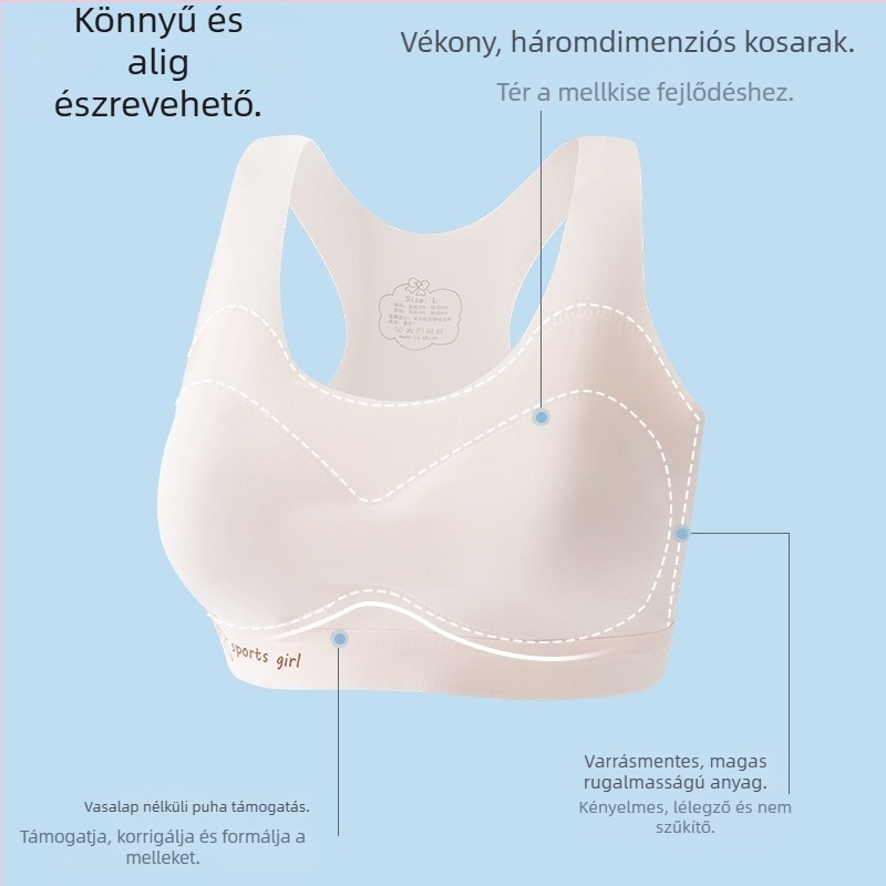 Lányok vest-stílusú edzőmelltartó fix kosarakkal; Ice Silk anyag; Nylon fő anyag; teljes kosarak; ultra vékony formázott kosár habbal; rögzített dupla vállpántok