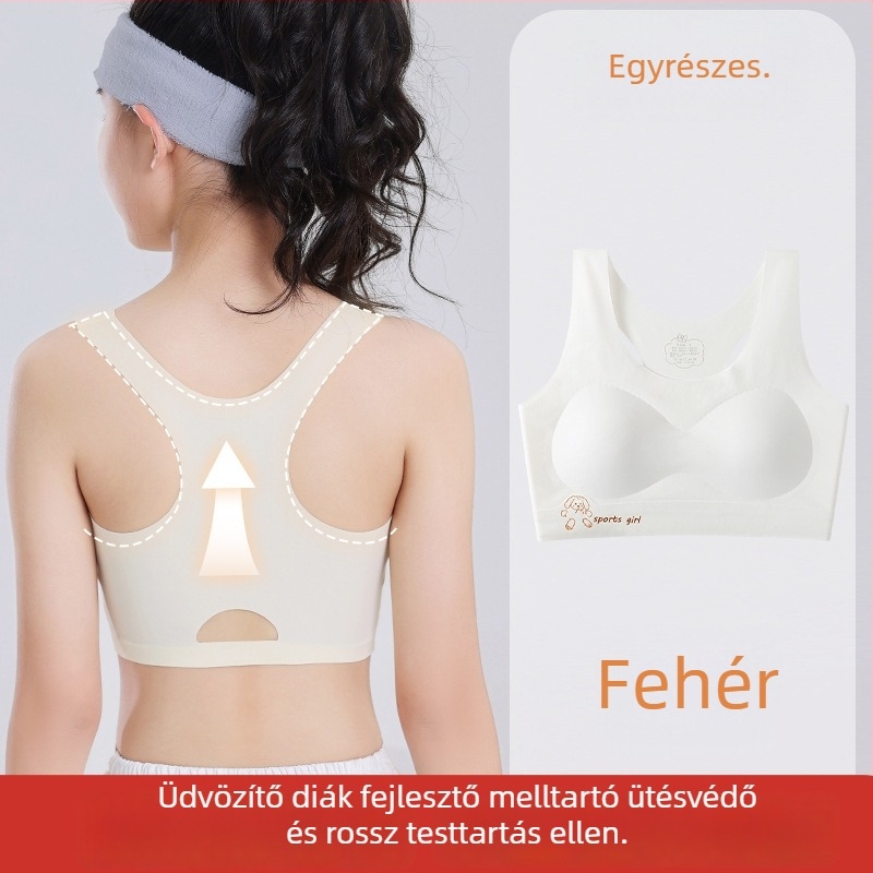 Lányok vest-stílusú edzőmelltartó fix kosarakkal; Ice Silk anyag; Nylon fő anyag; teljes kosarak; ultra vékony formázott kosár habbal; rögzített dupla vállpántok