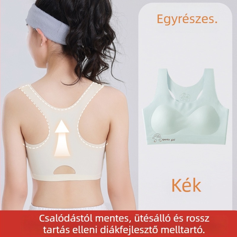 Lányok vest-stílusú edzőmelltartó fix kosarakkal; Ice Silk anyag; Nylon fő anyag; teljes kosarak; ultra vékony formázott kosár habbal; rögzített dupla vállpántok