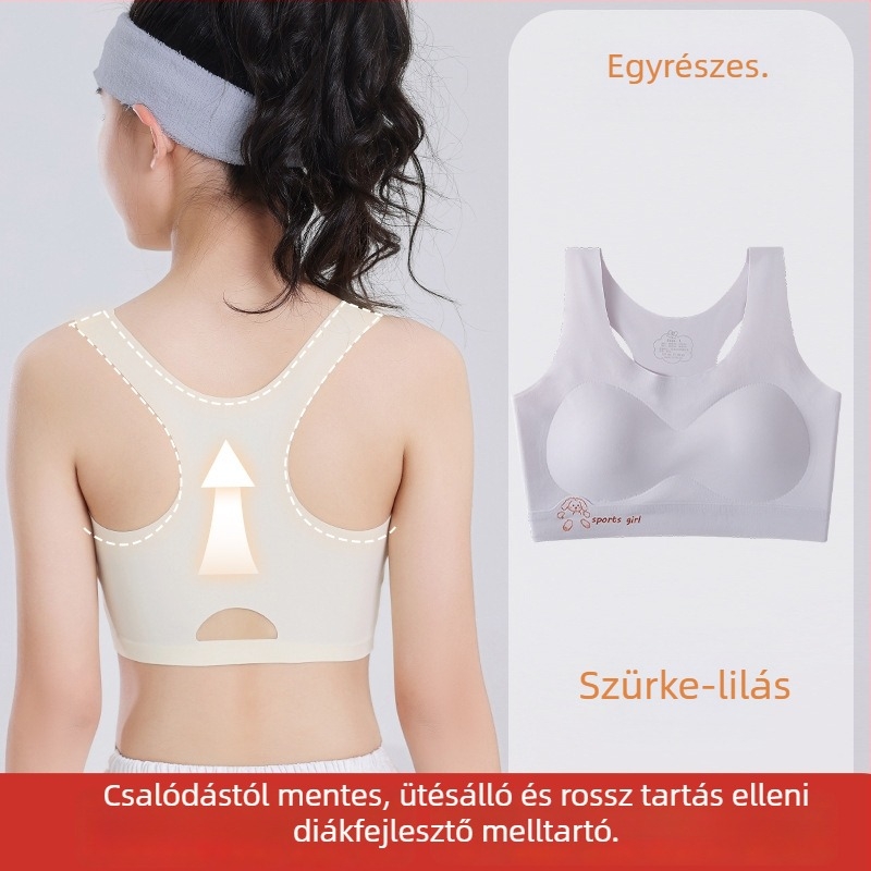 Lányok vest-stílusú edzőmelltartó fix kosarakkal; Ice Silk anyag; Nylon fő anyag; teljes kosarak; ultra vékony formázott kosár habbal; rögzített dupla vállpántok