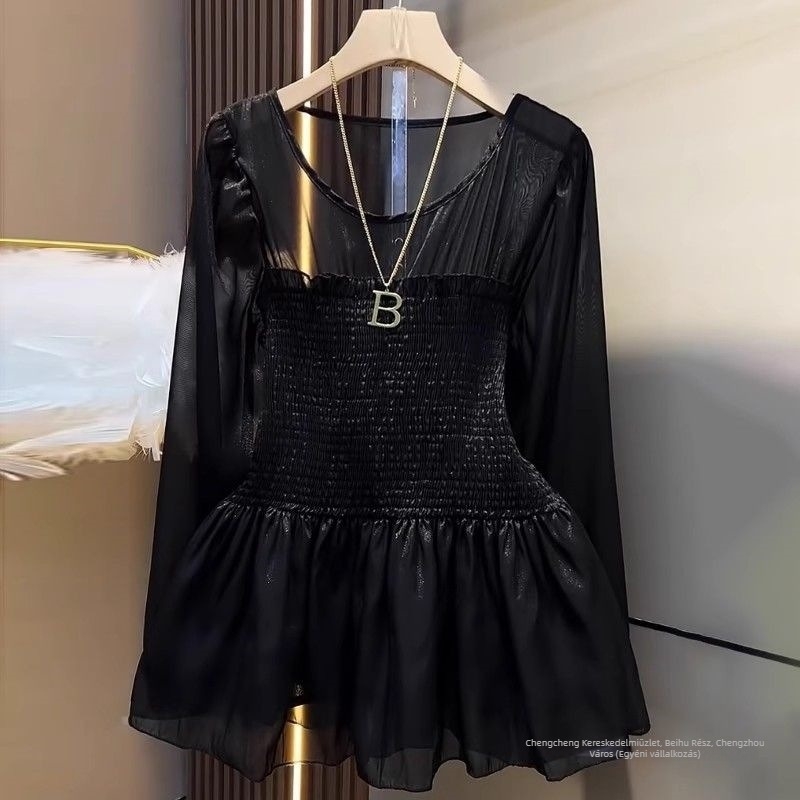 Chiffon blúz kerek nyakkal és fodros részletekkel, 50–70% spandex, női top, tavasz 2025