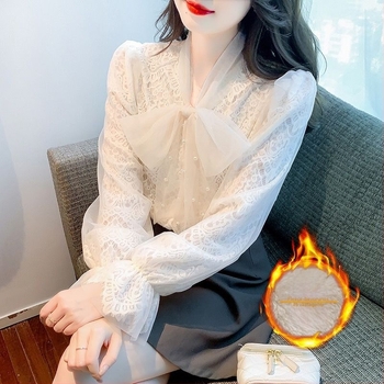 Női bársony masni-díszes csipkés felső gyöngy dekorációval, nyakánál sál-stílusú gallér, rövid ujjú, belső chiffon-ing, 2025 tavasz
