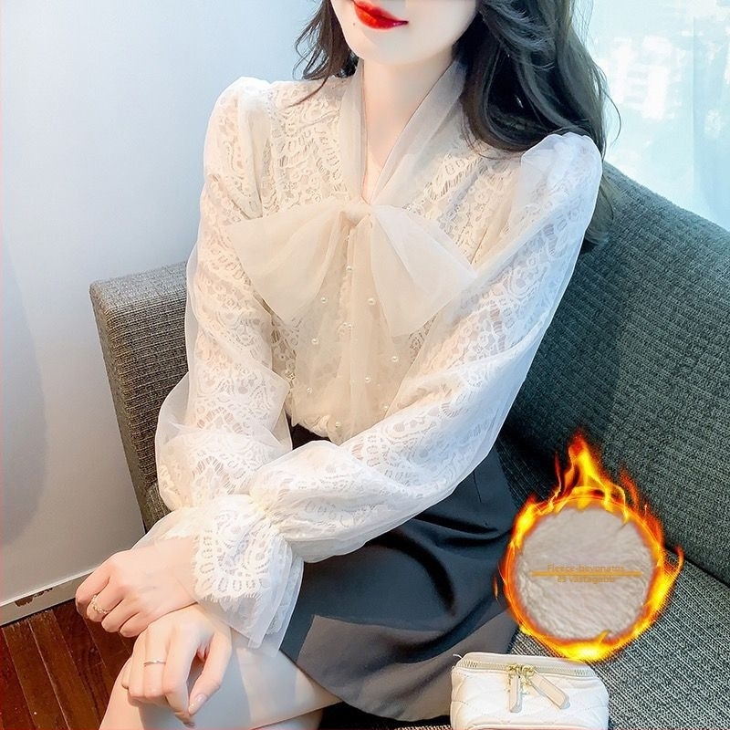 Női bársony masni-díszes csipkés felső gyöngy dekorációval, nyakánál sál-stílusú gallér, rövid ujjú, belső chiffon-ing, 2025 tavasz