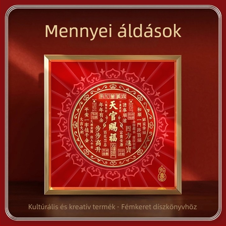 Keretes asztali művészeti darab: kalligráfia és festmény, fémből készült keret, PP papíralap, kínai stílus, ideális nappaliba, hálószobába, dolgozószobába és előtérbe