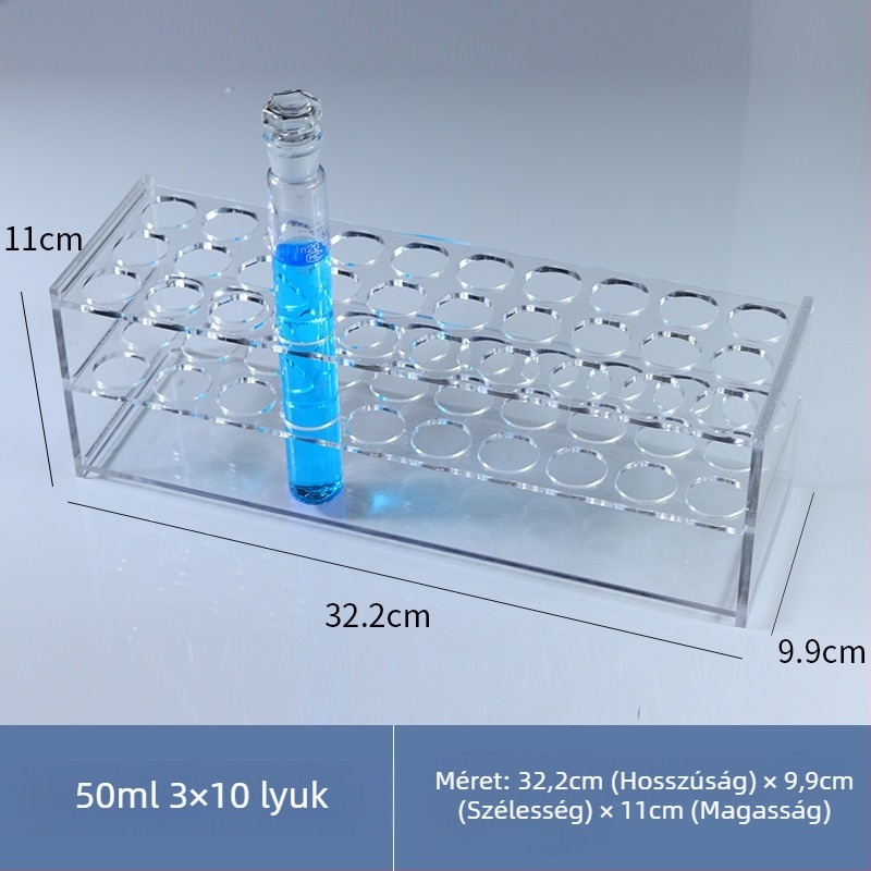 Üveg színanalízis csőállvány 10/25/50/100 ml csövekhez, 6–30 lyuk, egy- vagy kétsoros