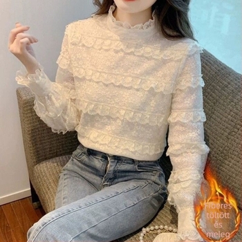 Női fél-turtleneck top, csipke, Chenille anyag, Spandex tartalom, Mercerizált felület