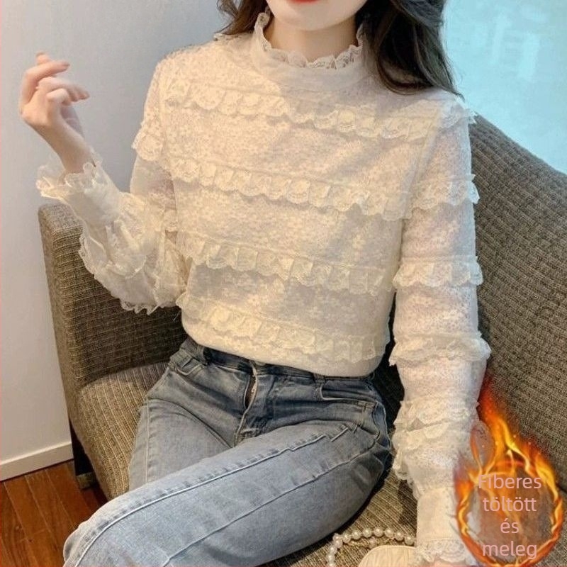 Női fél-turtleneck top, csipke, Chenille anyag, Spandex tartalom, Mercerizált felület