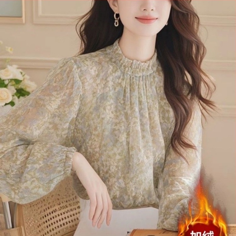 Chiffon virágmintás felső, hosszú ujjú, polo gallér, laza szabású, normál hosszúság (50–65 cm)