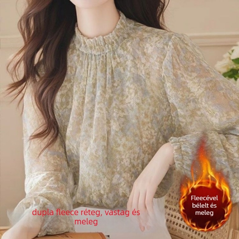 Chiffon virágmintás felső, hosszú ujjú, polo gallér, laza szabású, normál hosszúság (50–65 cm)