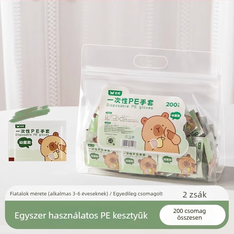 Gyermekeknek szánt egyszer használatos kesztyűk, élelmiszer-minőségű, egyedi csomagolás, vastított PE, átlátszó, csúszásmentes, szabadtéri piknikhez